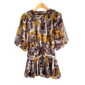 Twelve by Twelve Brown Chiffon Bubble Top Short Sleeve Buttons Medium Regency